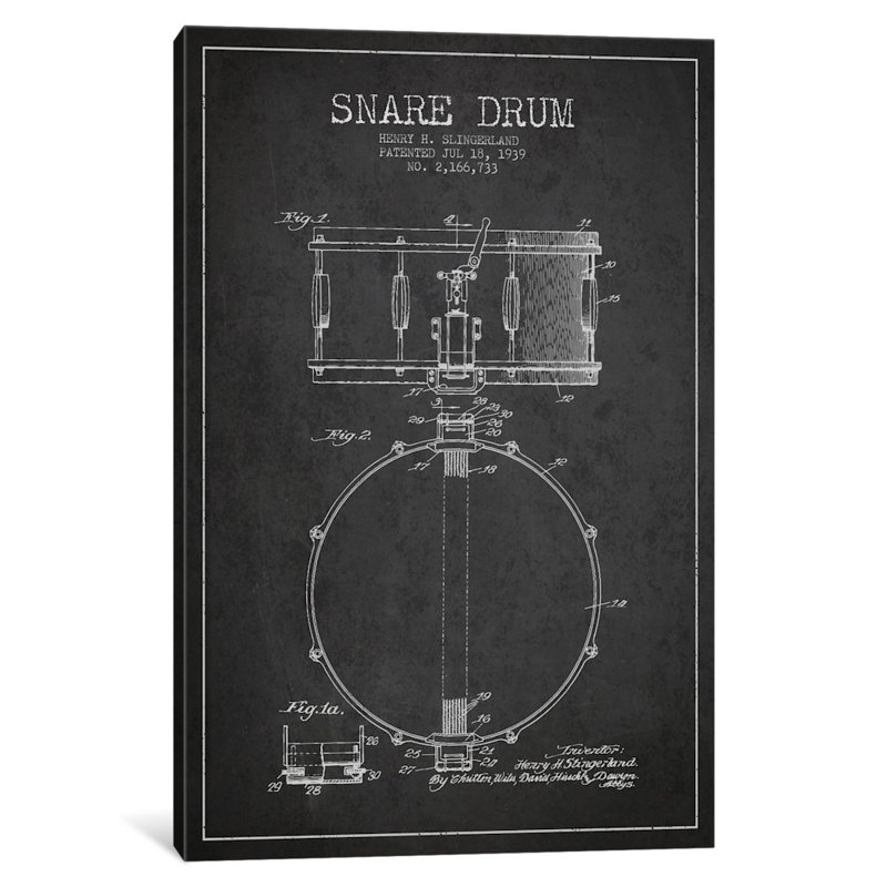 « tambour », affiche rétro sur toile tendue Charcoal Patent Blueprint, H 60 po x l 40po x P 1,5 po