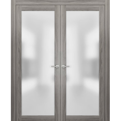 Portes doubles françaises massives en verre dépoli Planum 2102, cadre en bois de frêne gingembre massif, moulures, portes robustes pour placard et chambre à coucher, 56 po x 96 po (2 x 28 x 96 po)