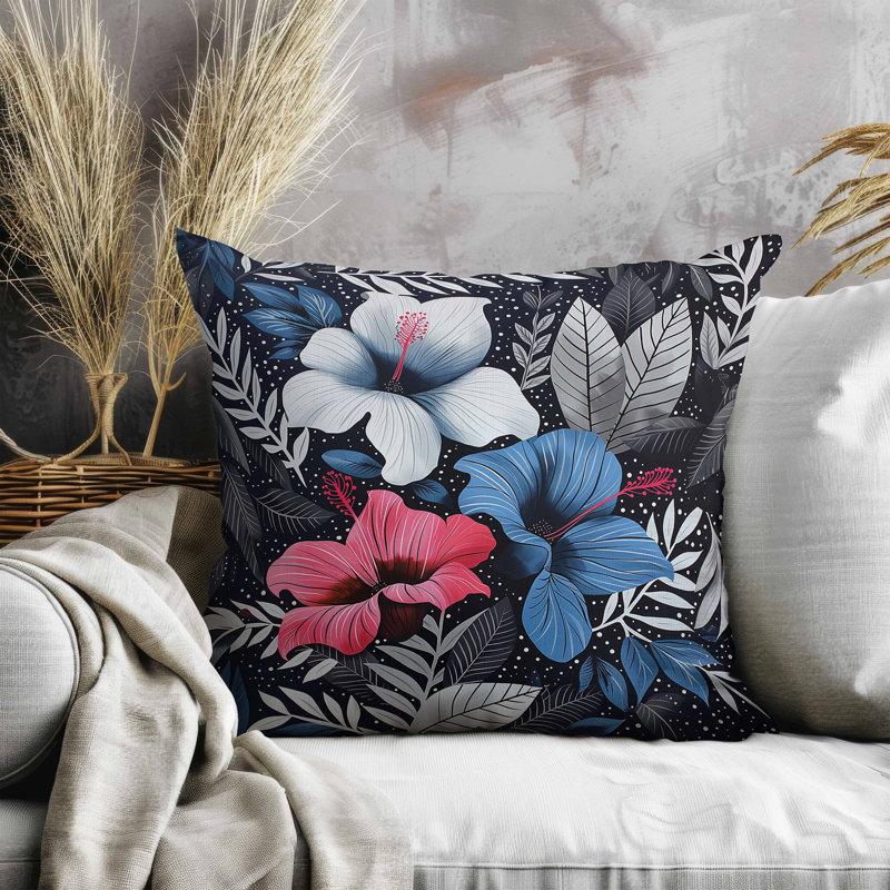 Coussin en suède à motif floral, Bleu, Carré 16 po