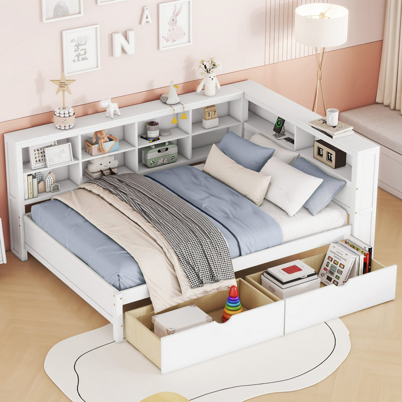 Lit de jour en bois avec 2 tiroirs et rangement - Conception pratique de la chambre à coucher, Lit double, Blanc