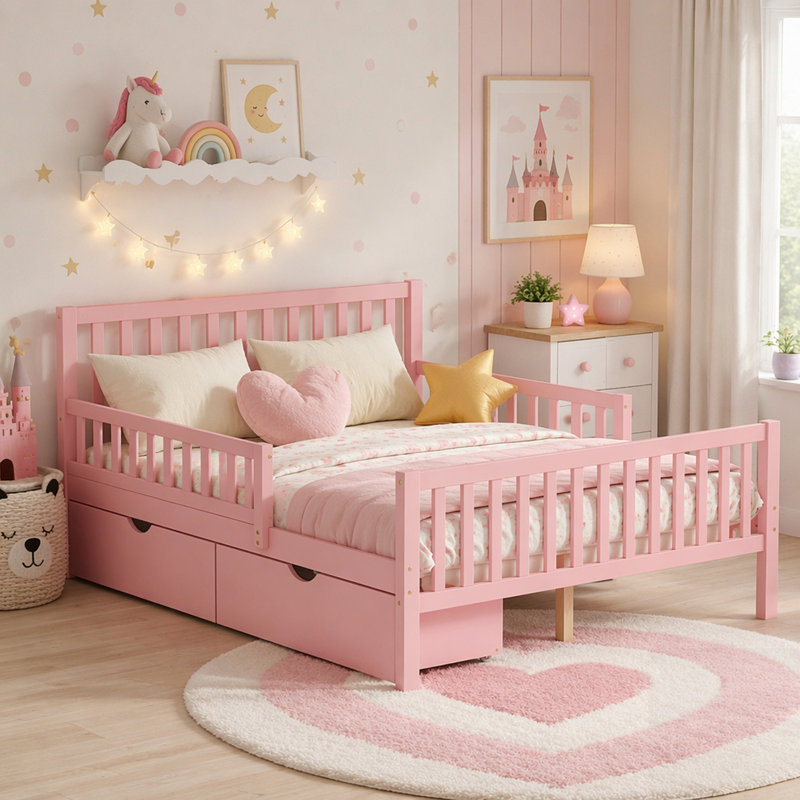 Lit plateforme en bois avec garde-corps et deux tiroirs de rangement, peu encombrants et élégants, Full / Double, Pink
