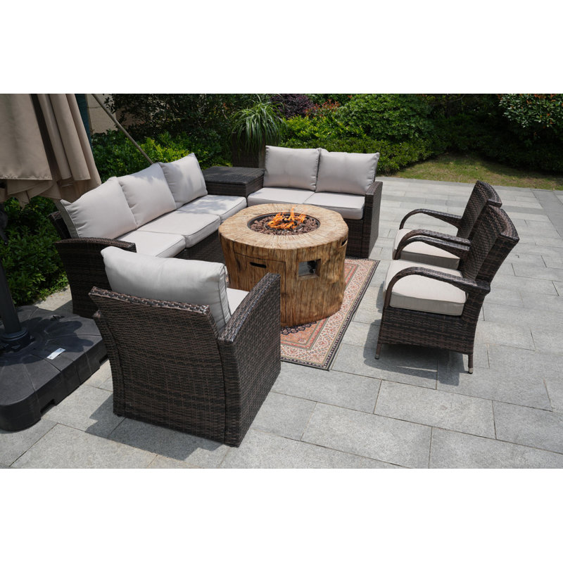 8 - Person Patio Conversation Set with Cushions, Beige, Brown