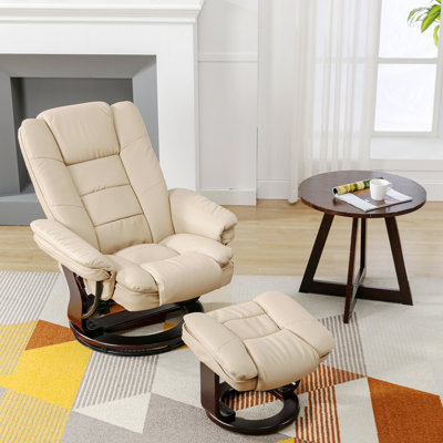 32" Contemporary Leather Recliner and Ottoman with Swiveling Mahogany Wood Base