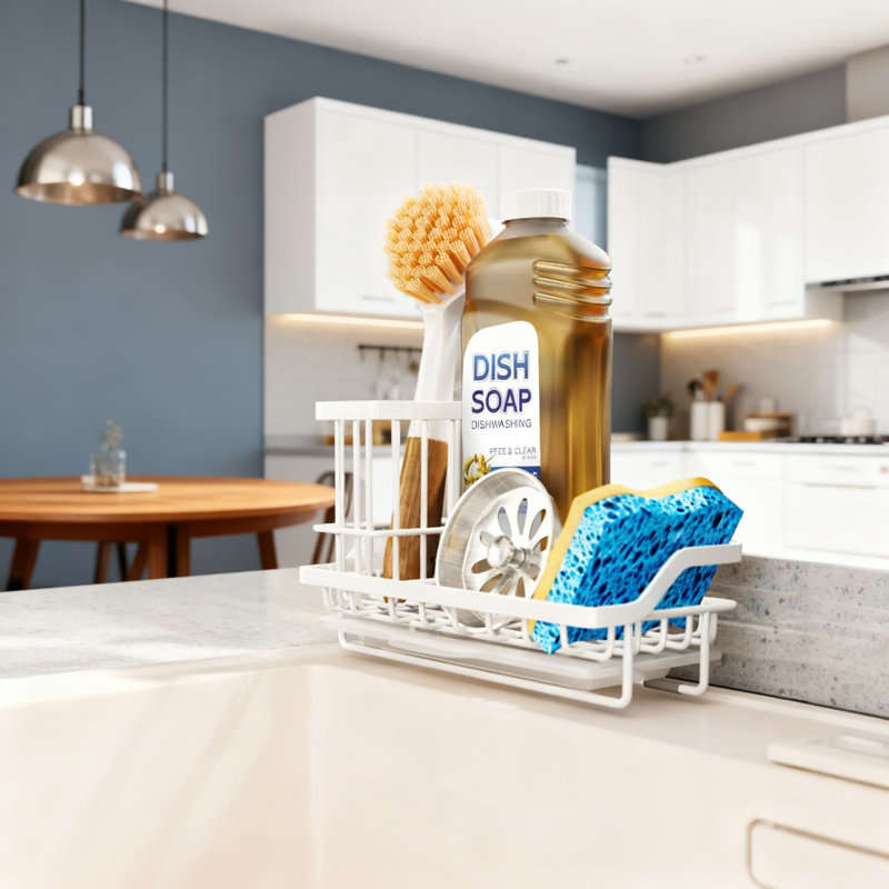Support pour évier de cuisine en acier inoxydable - Porte-éponge et brosse avec bac d'égouttement, base antidérapante pour l'organisation du comptoir
