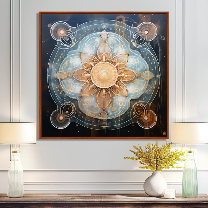 «Mystical Blue Flower - Boho Mandala», reproduction d'art, Toile avec cadre flottant brun, H 36 po x l 36 po x P 1,5 po