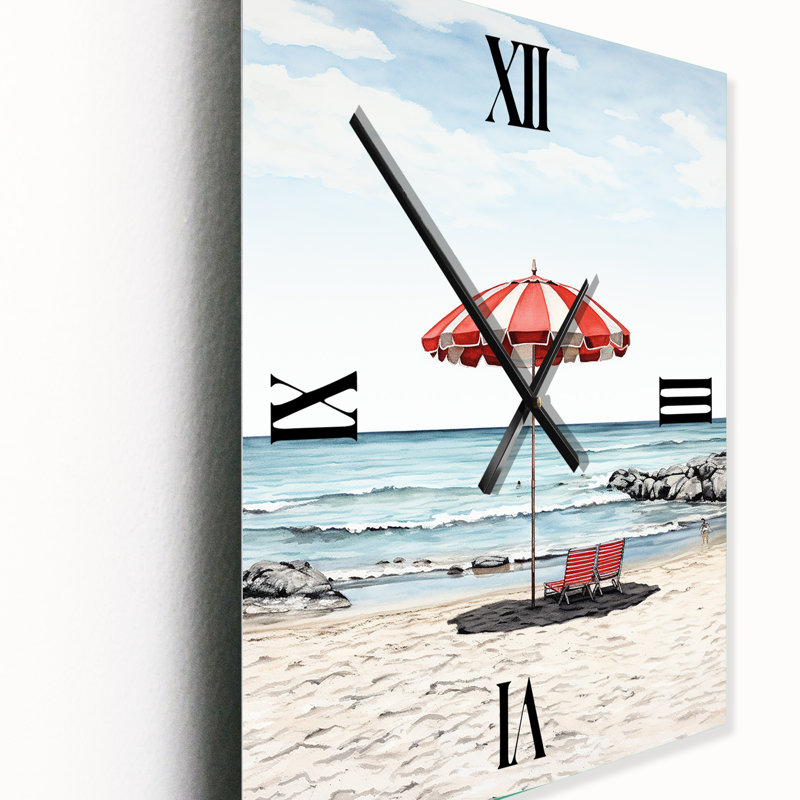 Coastal Red Beach Umbrella II - Nautical & Beach Wall Clock, 32" H x 16" W x 1" D