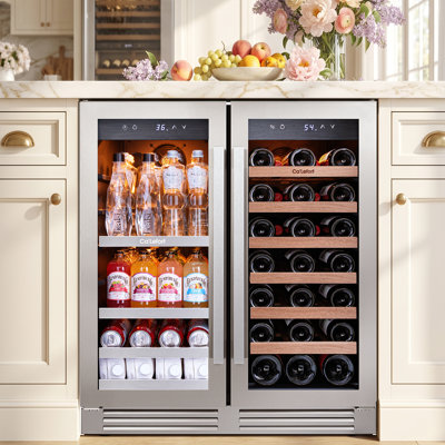 30" Dual Zone Wine & Beverage Cooler, 6 Cu.Ft., 33-Bottle & 80-Can, Built-In & Freestanding Refrigerator, 36–72°F, Amber/Blue/White LED, 9-Adjustable Shelves, Anti-Fingerprint, Hidden Hinges, Carbon Filter, Compressor & Fan Cooling Wine Fridge