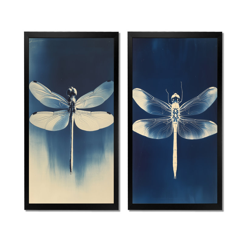 Libellule en bleu de Prusse I - Tableau Libellule en 2 parties, 32" H x 32" W, Black Picture Framed
