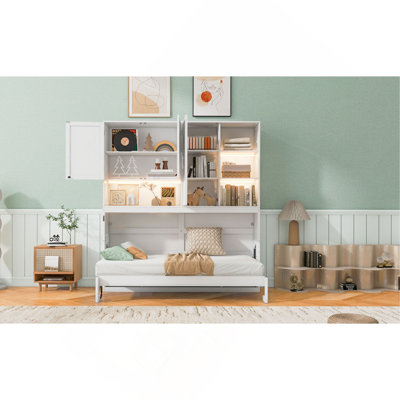 Wall Murphy Bed With Top Cabinet, Shelves ,Space Saving Foldable Bed With Light & USB
