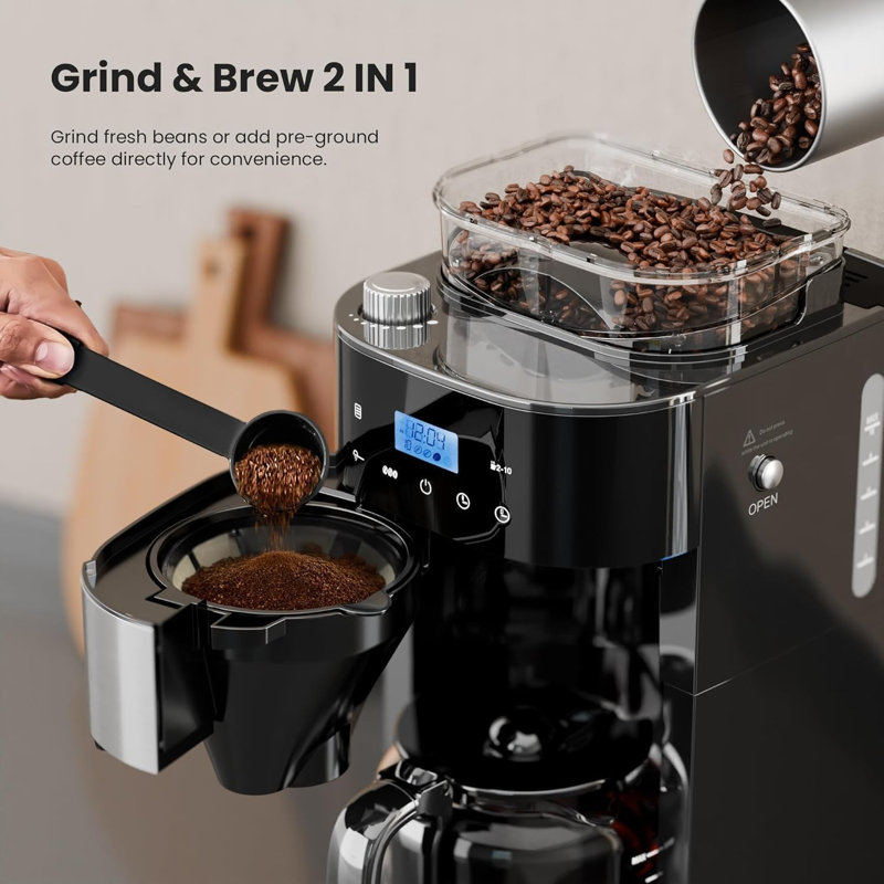 COWSAR 10 Cup Drip Coffee Maker with Built-in Grinder, Grind and Brew Programmable Feature, 220g Bean Hopper, Adjustable Settings, Descaling Alert, Timer, Keep Warm, and LED Touchscreen.