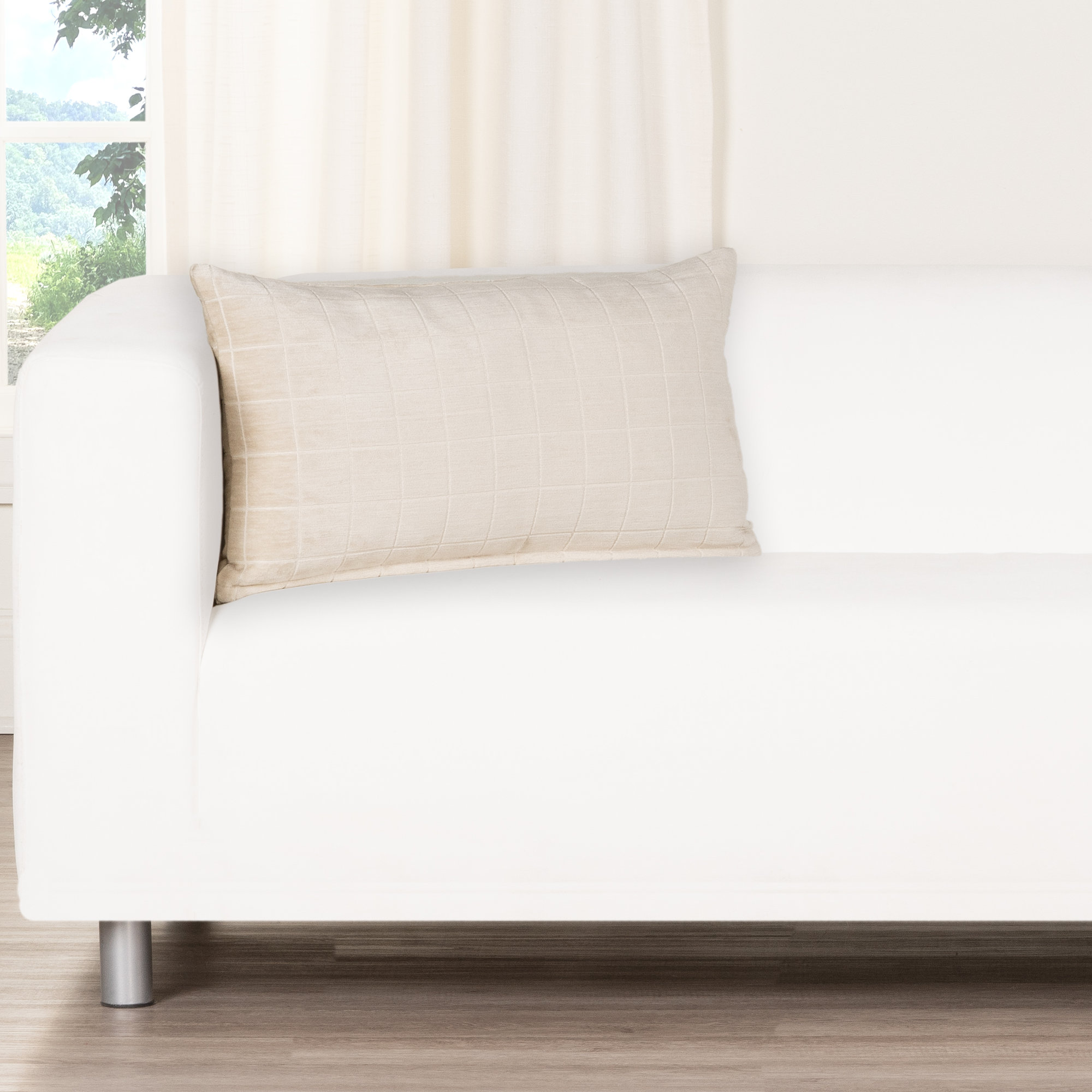 Otterville Velvet Grid Lumbar Pillow, Cream Geometric, Polyester, 12"H x 21"W