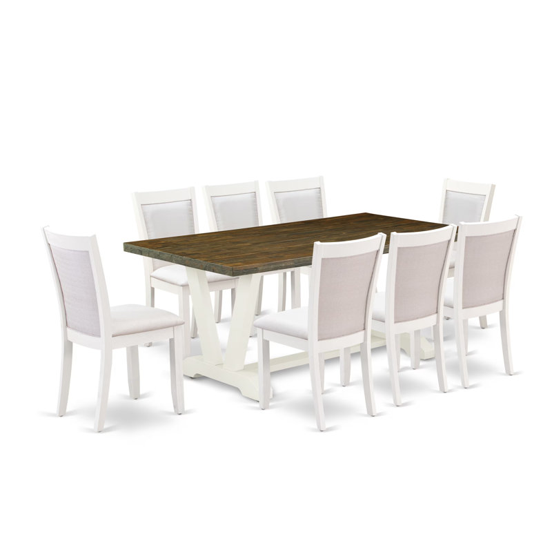 9 Piece Modern Dining Table Set Includes a Rectangle Wooden Table with V-Legs and 8 Cream Linen Fabric Parson Dining Chairs, 40x72 Inch
