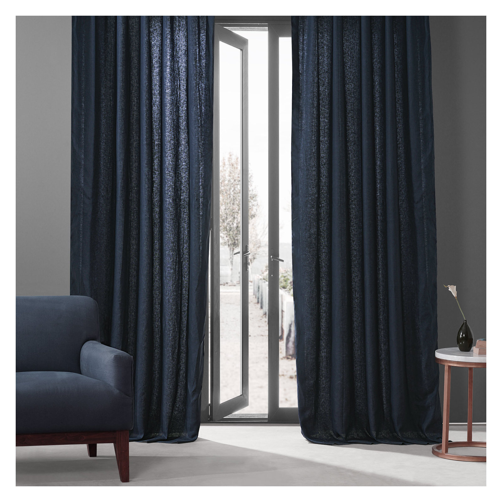 Briella French Linen Room Darkening Curtain, 50" W x 120" L, Native Navy