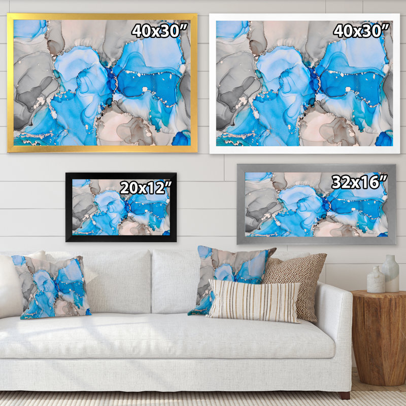«Blue and Gray Luxury Abstract Fluid Art II», reproduction sur toile, H 34 po x l 44 po, Cadre photo doré