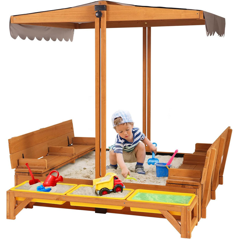 Large Wooden Sandbox with Adjustable Canopy and Toy Bin Storage
