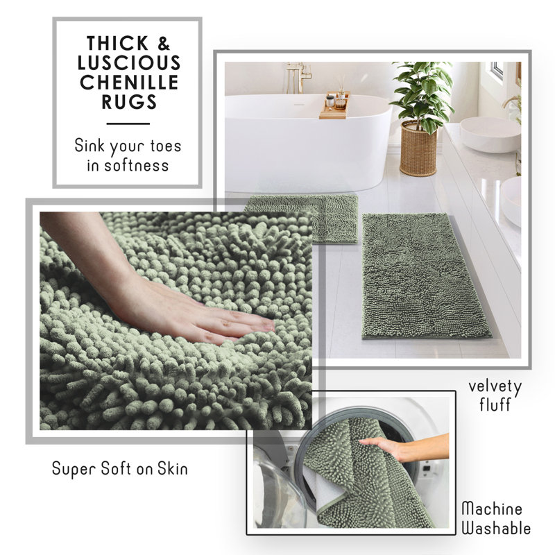 Complete 8 Piece Bathroom Accessory Set with Bamboo Accents, Trash Can, Toilet Brush & 2 Bath Rugs Included, Sage Green