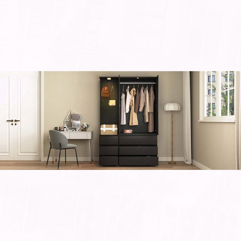 Armoire garde-robe avec portes et tiroirs, Noir