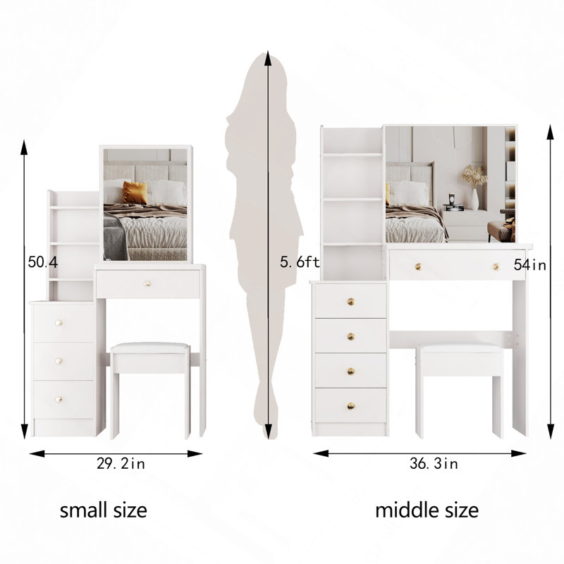 Table de coiffeuse 29,2 po avec tabouret rembourré, miroir coulissant droit, commode à la fois pratique et pratique, convient aux petits espaces