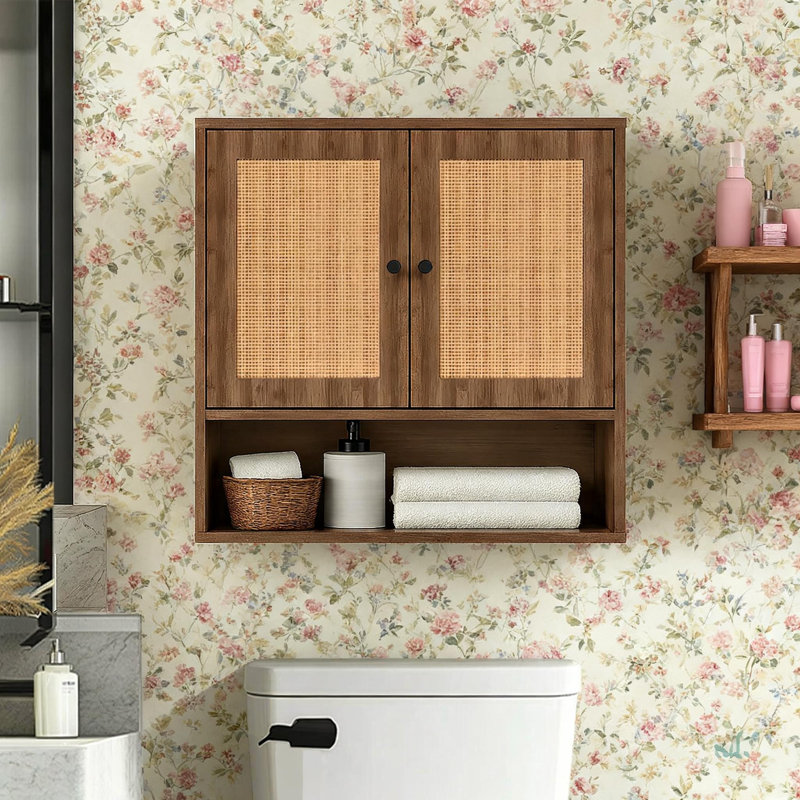 Rattan Wall Cabinet With Double Doors, Boho Chic Over The Toilet Storage Cabinet, 3-Tier Wall Mount Organizer For Bathroom, Kitchen, Living Room