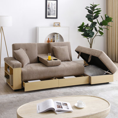Convertible Sleeper Couch, Multifunctional Double Folding Bed With Storage , Drop Down Table 2 Cup Holders, Soft Cotton Linen Fabric, High Density Foam, Solid Wooden Frame, 3 - 4 Person Capacity,