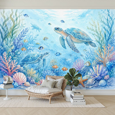 Wall Mural Peel and Stick Wallpaper Underwater Ocean Scene Sea Turtles Starfish Shells Coral Soft Blue Self-Adhesive Removable Contact Paper Wall Decor for Living Room Bedroom 100"H x 144"W