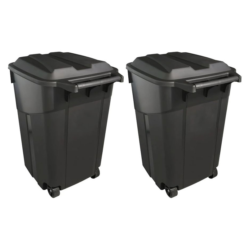 2 PCS 45 Gallon Heavy Duty Plastic Garbage Cans with Attached Click Lock Lid, 2 Built-in Rugged Wheels & Easy Grip Handle for Indoor & Outdoor Use