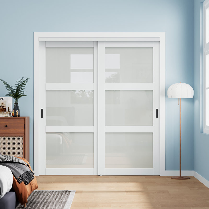  Portes de placard coulissantes 80 "en verre trempé givré 3 Lite avec quincaillerie 80", 72" x 80"