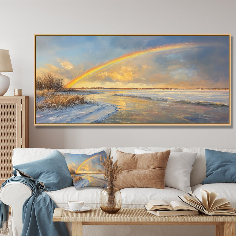Arc-en-ciel au-dessus du lac gelé - art mural arc-en-ciel, H 28 po x l 60 po, Natural Floater Framed