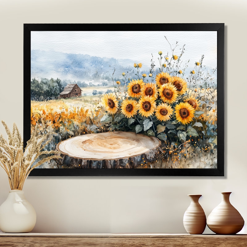 «Draya Sunflowers Landscape At The Barn» - art mural tournesols, Reproduction encadrée d'une seule photo, H 30 po x l 40 po