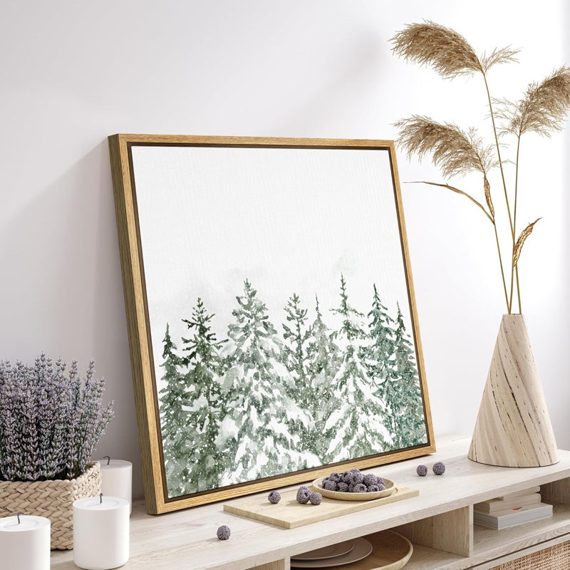 Hiver neige recouverte de pin, forêt rustique enneigée, décor de vacances sur toile encadrée, H 16 po x l 16 po, Naturel