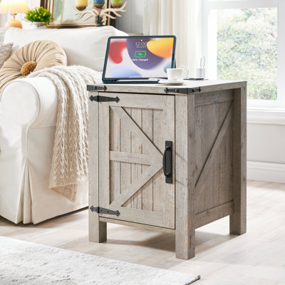 Clairese 24'' Tall  Farmhouse End Table With Charging Station, Wood Nightstand With Adjustable Shelf, Built-In Outlets