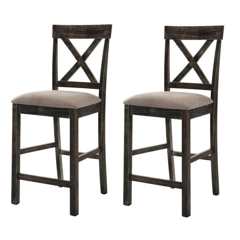 De 2 chaises à hauteur de comptoir, tissu en lin brun clair, dossier croisé, pieds en bois massif, gris patiné pour tabourets de bar, revêtement, structure, carré robuste
