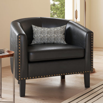 Fauteuil demi-tonneau Cohmer de 28,74 po de large, fauteuil club en similicuir rembourré avec garniture cloutée dorée Cohmer