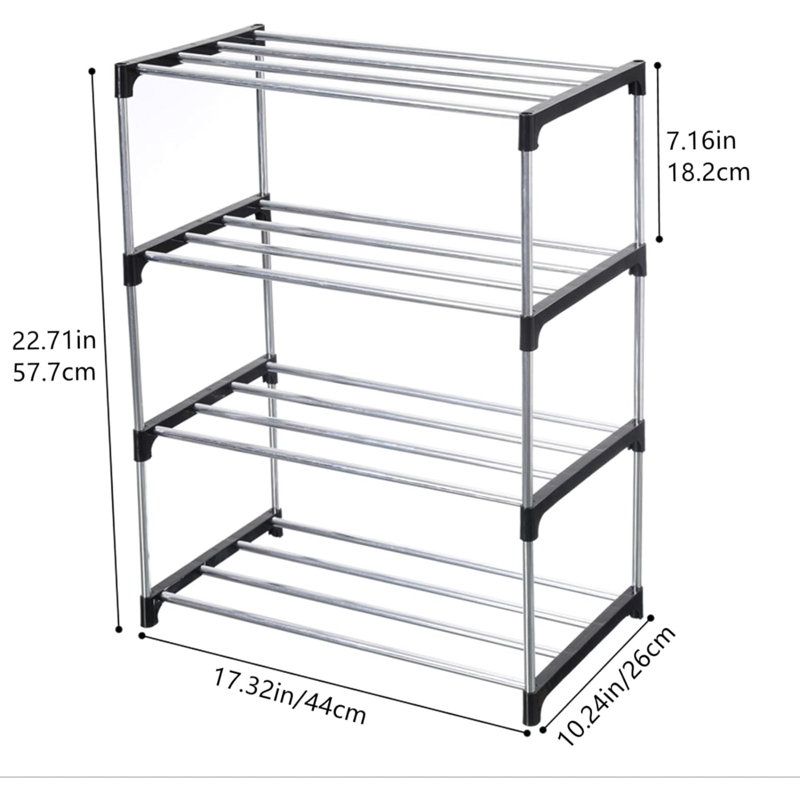 Stackable Small Shoe Rack, Entryway, Hallway And Closet Space Saving Storage And Organization (4-Tier), Black/Silver
