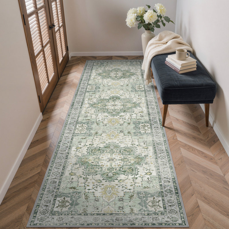 Tapis oriental performance Roehit, Tapis de couloir de 2 pi x 7 pi, Jaune / ivoire / vert