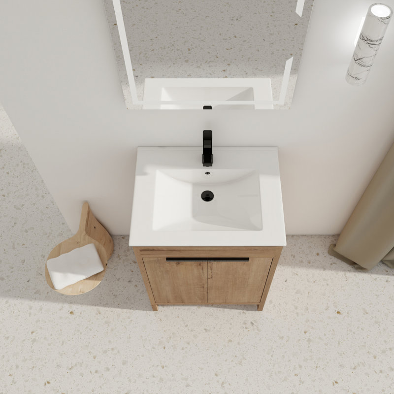 Meuble-lavabo autoportant avec lavabo en céramique, Imitation chêne, 24"