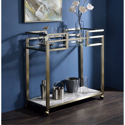 Clear Glass, Faux Marble Top & Wire Brass Finish Serving Cart by Mercer41