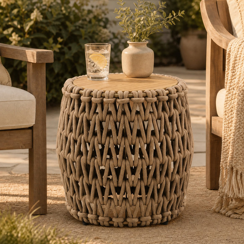 Table d'appoint ronde bohème d'extérieur avec plateau en corde tressée à la main et ciment