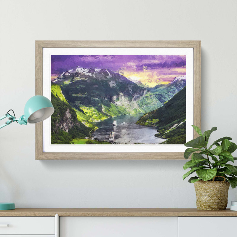 Cruise Ships Passing by Norway in Abstract - Picture Frame Graphic Art Print, 62cm H x 87cm W x 2cm D, Oak Framed