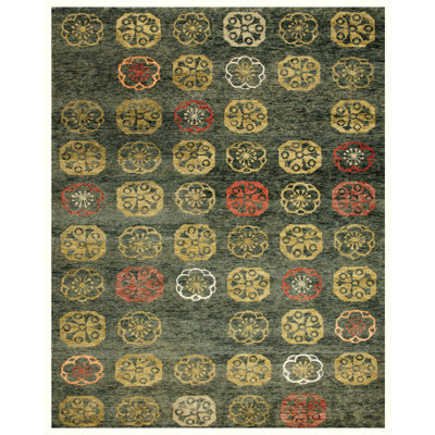 Tapis oriental noué à la main vert loden / vermillon 4 pi x 6 pi