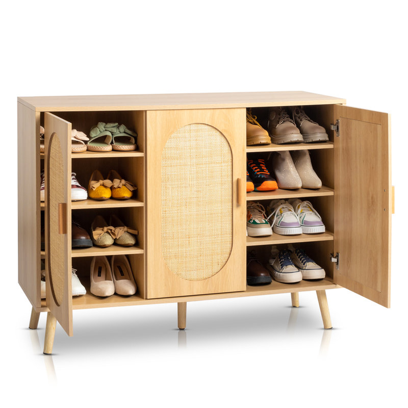 Cissiee Modern Rattan 24 Pair Shoe Storage Cabinet, Natural Wood