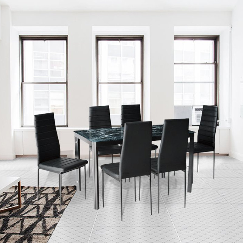 Azalia 6 - Person Glass Top Four Leg Dining Set, Marble, Black, Black