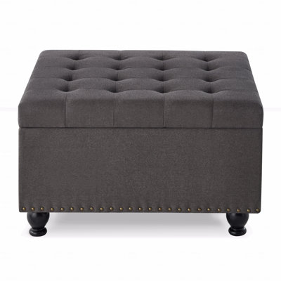 Large Square Shape Storage Ottoman With Wooden Legs, Upholstered Button Tufted Coffee Table With Nail Trims