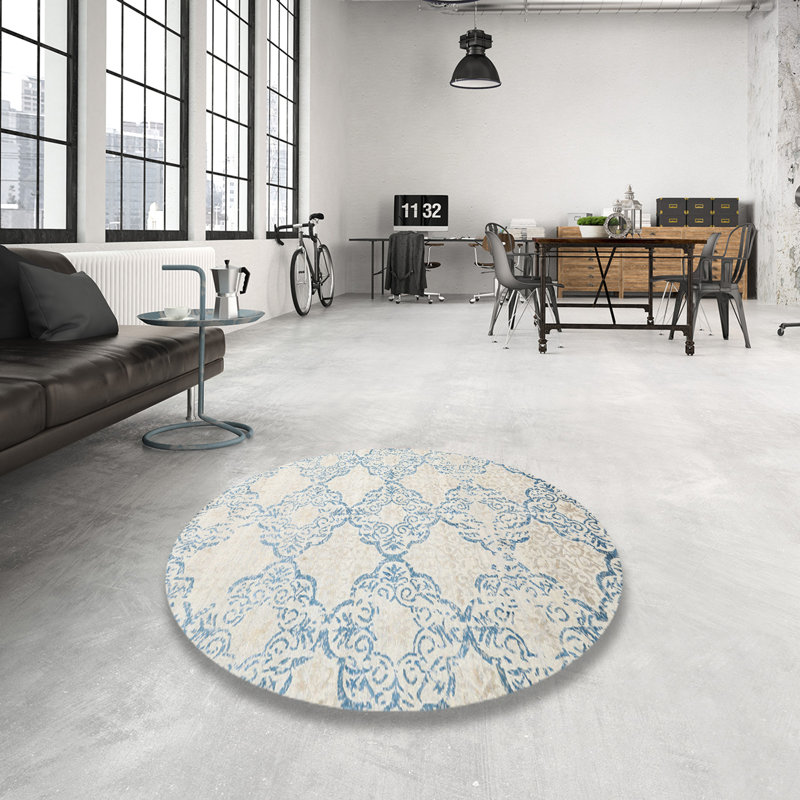 Tapis bleu / crème, Rond 8 pi