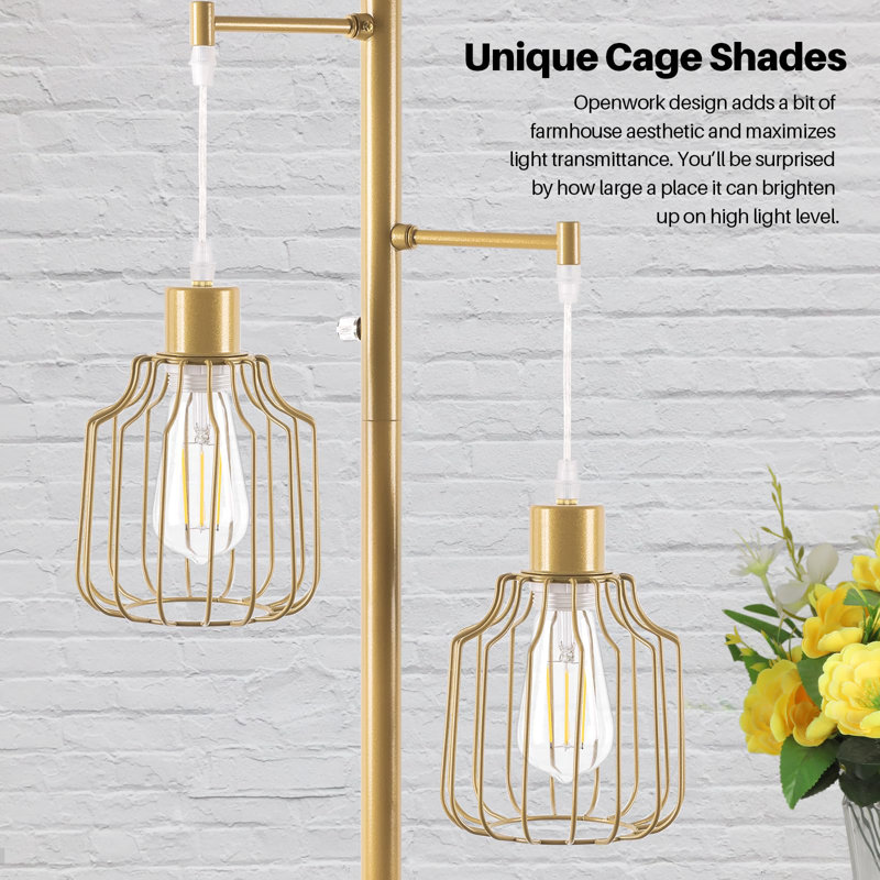 Dimmable Floor Lamp With 3 LED Edsion Bulbs, Farmhouse Tall Standing Lamp For Living Room, Modern Gold Tree Floor Lamp, Gold