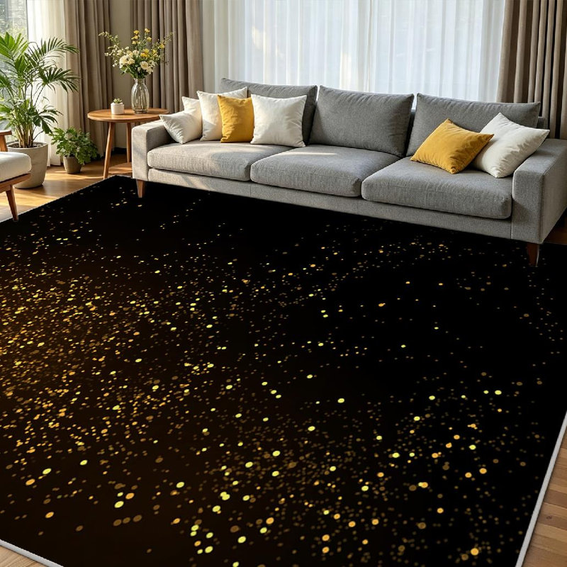 Gold Powder Splash En Scattered Dust Stylish Fashion Black Machine Washable Indoor Area Rug, Rectangle 79" x 118"