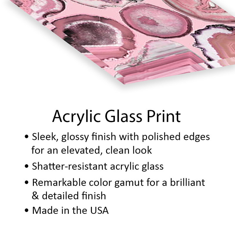 Agates roses, impression sur verre acrylique, H 24 po x l 16 po x P 0,25 po
