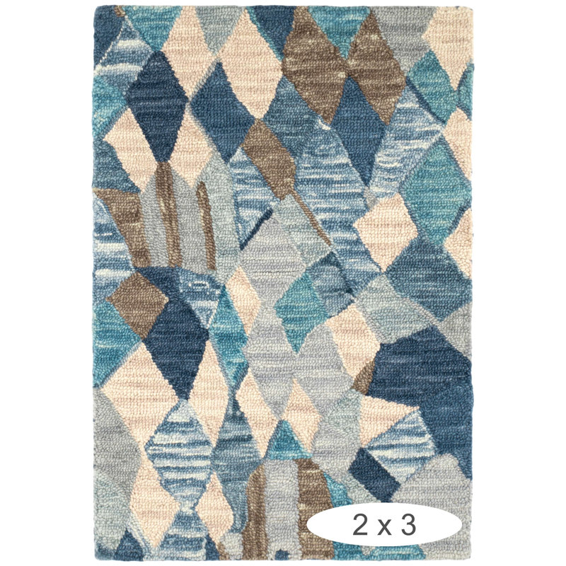 Deer Leap Blue Hand Hooked Wool Rug, Rectangle 3' x 5'