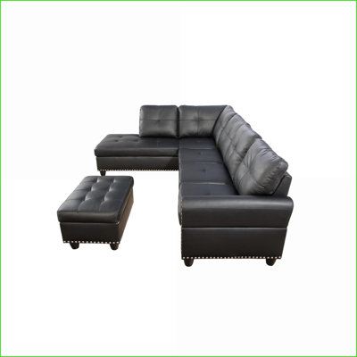 Sectional Sofas Irine Traditional L-Shaped 3-Piece for Movie Nights, Game Days with Ottoman | Faux Leather | Black
