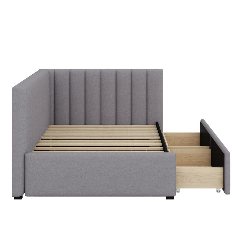 Upholstered Daybed With Storage Drawers, Grey